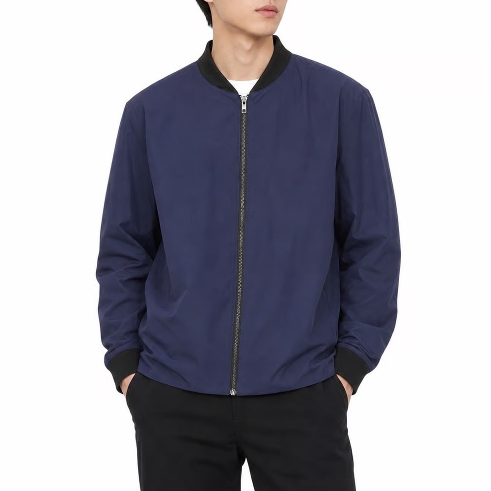 HM Mens Navy Blue Lightweight Bomber Jacket Full Zip Ribbed Trim Size M